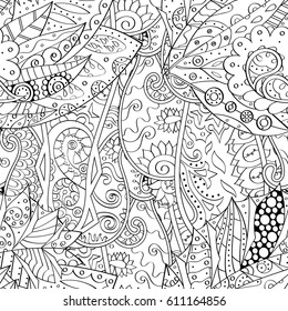 Tracery seamless pattern. Mehndi design. Ethnic monochrome binary doodle texture. Curved doodling black and white background. Vector