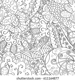 Tracery seamless pattern. Mehndi design. Ethnic monochrome binary doodle texture. Curved doodling black and white background. Vector