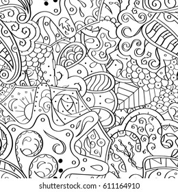 Tracery seamless pattern. Mehndi design. Ethnic monochrome binary doodle texture. Curved doodling black and white background. Vector