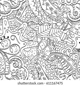 Tracery seamless pattern. Mehndi design. Ethnic monochrome binary doodle texture. Curved doodling black and white background. Vector