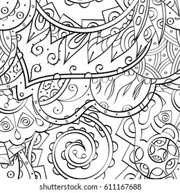 Tracery seamless pattern. Mehndi design. Ethnic monochrome binary doodle texture. Curved doodling black and white background. Vector