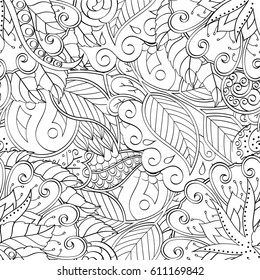 Tracery seamless pattern. Mehndi design. Ethnic monochrome binary doodle texture. Curved doodling black and white background. Vector