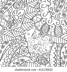 Tracery seamless pattern. Mehndi design. Ethnic monochrome binary doodle texture. Curved doodling black and white background. Vector
