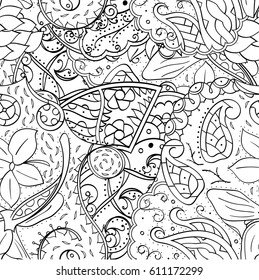 Tracery seamless pattern. Mehndi design. Ethnic monochrome binary doodle texture. Curved doodling black and white background. Vector