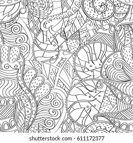 Tracery seamless pattern. Mehndi design. Ethnic monochrome binary doodle texture. Curved doodling black and white background. Vector