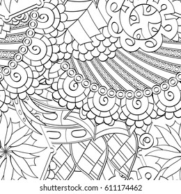 Tracery seamless pattern. Mehndi design. Ethnic monochrome binary doodle texture. Curved doodling black and white background. Vector