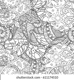 Tracery seamless pattern. Mehndi design. Ethnic monochrome binary doodle texture. Curved doodling black and white background. Vector