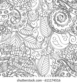 Tracery seamless pattern. Mehndi design. Ethnic monochrome binary doodle texture. Curved doodling black and white background. Vector