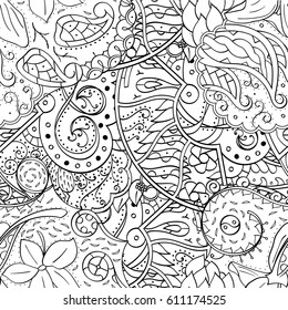 Tracery seamless pattern. Mehndi design. Ethnic monochrome binary doodle texture. Curved doodling black and white background. Vector