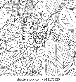 Tracery seamless pattern. Mehndi design. Ethnic monochrome binary doodle texture. Curved doodling black and white background. Vector