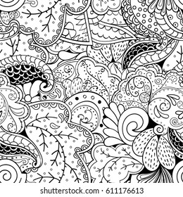 Tracery seamless pattern. Mehndi design. Ethnic monochrome binary doodle texture. Curved doodling black and white background. Vector