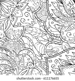 Tracery seamless pattern. Mehndi design. Ethnic monochrome binary doodle texture. Curved doodling black and white background. Vector