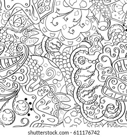 Tracery seamless pattern. Mehndi design. Ethnic monochrome binary doodle texture. Curved doodling black and white background. Vector