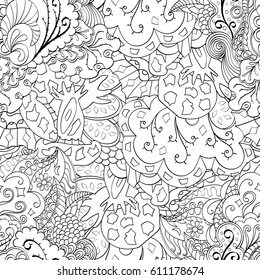 Tracery seamless pattern. Mehndi design. Ethnic monochrome binary doodle texture. Curved doodling black and white background. Vector
