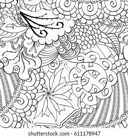 Tracery seamless pattern. Mehndi design. Ethnic monochrome binary doodle texture. Curved doodling black and white background. Vector