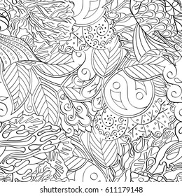 Tracery seamless pattern. Mehndi design. Ethnic monochrome binary doodle texture. Curved doodling black and white background. Vector