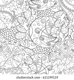 Tracery seamless pattern. Mehndi design. Ethnic monochrome binary doodle texture. Curved doodling black and white background. Vector