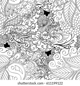 Tracery seamless pattern. Mehndi design. Ethnic monochrome binary doodle texture. Curved doodling black and white background. Vector