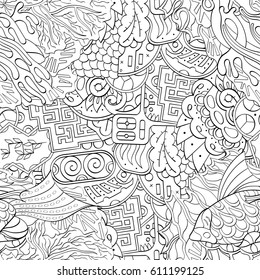 Tracery seamless pattern. Mehndi design. Ethnic monochrome binary doodle texture. Curved doodling black and white background. Vector