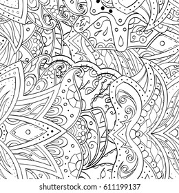 Tracery seamless pattern. Mehndi design. Ethnic monochrome binary doodle texture. Curved doodling black and white background. Vector