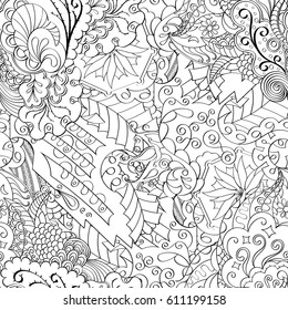 Tracery seamless pattern. Mehndi design. Ethnic monochrome binary doodle texture. Curved doodling black and white background. Vector