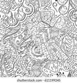 Tracery seamless pattern. Mehndi design. Ethnic monochrome binary doodle texture. Curved doodling black and white background. Vector