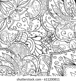 Tracery seamless pattern. Mehndi design. Ethnic monochrome binary doodle texture. Curved doodling black and white background. Vector