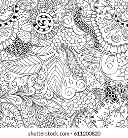 Tracery seamless pattern. Mehndi design. Ethnic monochrome binary doodle texture. Curved doodling black and white background. Vector