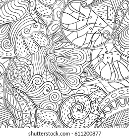 Tracery seamless pattern. Mehndi design. Ethnic monochrome binary doodle texture. Curved doodling black and white background. Vector