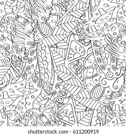 Tracery seamless pattern. Mehndi design. Ethnic monochrome binary doodle texture. Curved doodling black and white background. Vector