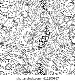 Tracery seamless pattern. Mehndi design. Ethnic monochrome binary doodle texture. Curved doodling black and white background. Vector