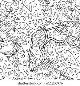 Tracery seamless pattern. Mehndi design. Ethnic monochrome binary doodle texture. Curved doodling black and white background. Vector