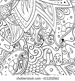 Tracery seamless pattern. Mehndi design. Ethnic monochrome binary doodle texture. Curved doodling black and white background. Vector
