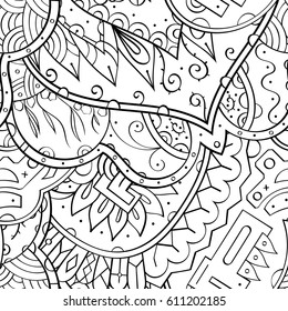 Tracery seamless pattern. Mehndi design. Ethnic monochrome binary doodle texture. Curved doodling black and white background. Vector