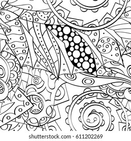 Tracery seamless pattern. Mehndi design. Ethnic monochrome binary doodle texture. Curved doodling black and white background. Vector