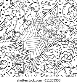 Tracery seamless pattern. Mehndi design. Ethnic monochrome binary doodle texture. Curved doodling black and white background. Vector