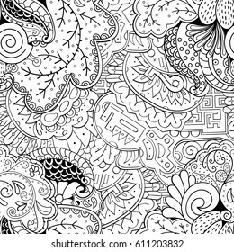 Tracery seamless pattern. Mehndi design. Ethnic monochrome binary doodle texture. Curved doodling black and white background. Vector