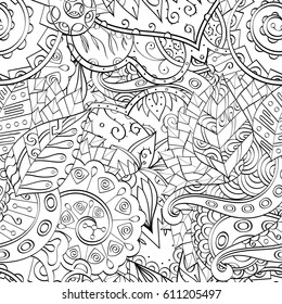 Tracery seamless pattern. Mehndi design. Ethnic monochrome binary doodle texture. Curved doodling black and white background. Vector