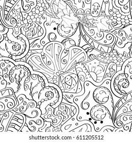 Tracery seamless pattern. Mehndi design. Ethnic monochrome binary doodle texture. Curved doodling black and white background. Vector