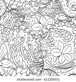 Tracery seamless pattern. Mehndi design. Ethnic monochrome binary doodle texture. Curved doodling black and white background. Vector