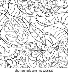 Tracery seamless pattern. Mehndi design. Ethnic monochrome binary doodle texture. Curved doodling black and white background. Vector