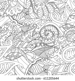 Tracery seamless pattern. Mehndi design. Ethnic monochrome binary doodle texture. Curved doodling black and white background. Vector