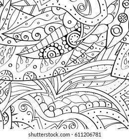 Tracery seamless pattern. Mehndi design. Ethnic monochrome binary doodle texture. Curved doodling black and white background. Vector