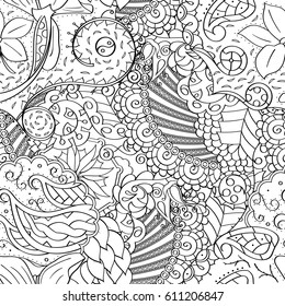 Tracery seamless pattern. Mehndi design. Ethnic monochrome binary doodle texture. Curved doodling black and white background. Vector
