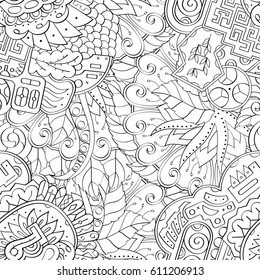 Tracery seamless pattern. Mehndi design. Ethnic monochrome binary doodle texture. Curved doodling black and white background. Vector