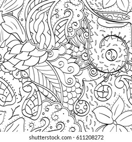 Tracery seamless pattern. Mehndi design. Ethnic monochrome binary doodle texture. Curved doodling black and white background. Vector