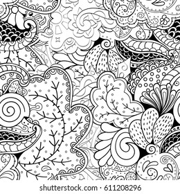Tracery seamless pattern. Mehndi design. Ethnic monochrome binary doodle texture. Curved doodling black and white background. Vector