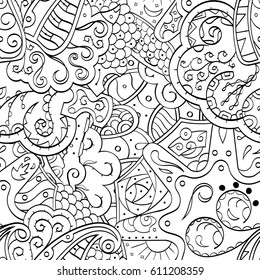 Tracery seamless pattern. Mehndi design. Ethnic monochrome binary doodle texture. Curved doodling black and white background. Vector