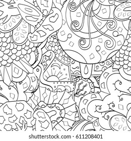 Tracery seamless pattern. Mehndi design. Ethnic monochrome binary doodle texture. Curved doodling black and white background. Vector