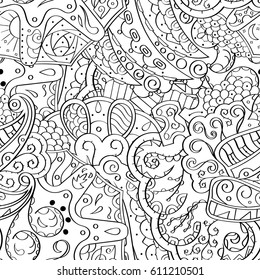 Tracery seamless pattern. Mehndi design. Ethnic monochrome binary doodle texture. Curved doodling black and white background. Vector